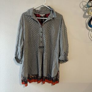 John Mark Top XL multicolor Mixed Media Floral aztec  boho Roll Tab Sleeve